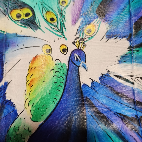 HAND PAINTED SHARIF ARTISTIC EXPRESSIONS LEATHER PEACOCK LARGE WRISTLET 🦚 - Picture 3 of 8